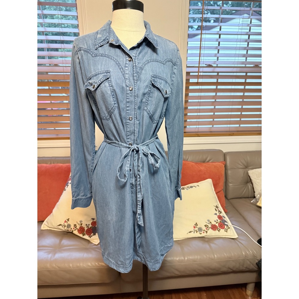 Club Monaco Women 10 Blue Lyocell Western Denim Shirt Dress Long Sleeve Belted